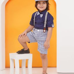 AJ Dezines Half Sleeves Solid Shirt With Checked Coordinating Shorts Suspenders Cap & Bow Set - Grey-picture-28