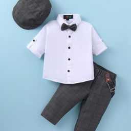 Robo Fry Cotton Woven Full Sleeves Solid Colour Party Shirt & Trouser With Bow Hat & Suspender - White-image-89