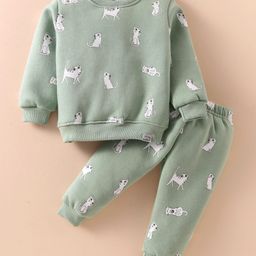 Teddy Fleece Full Sleeves Winter Wear Night Suit With Cat Theme Print - Olive Green-image-56