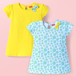 Babyhug Single Jersey Knit Half Sleeves Solid & Floral Printed A Line Frocks with Bow Applique Pack of 2 - Yellow & Light Blue-image-66