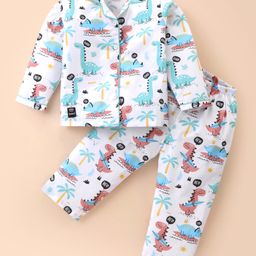 Enfance Core Cotton Woven Full Sleeves Dinosaur Printed Coordinating Night Suit Set - Green-image-98