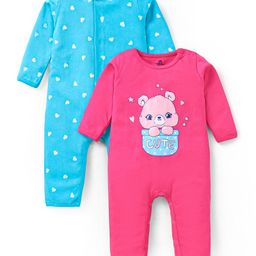 Doodle Poodle 100% Cotton Full Sleeves Heart & Bear Printed Romper Pack of 2 -Turquoise & Pink-image-70