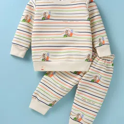 Mini Taurus Fleece Knit Full Sleeves T-Shirt with Lounge Pant Winter Set Bunny Print - Cream-picture-11