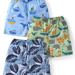 Babyhug Poplin Woven Boxers with Animal & Leaves Print Pack of 3 - Blue & Green-image-51