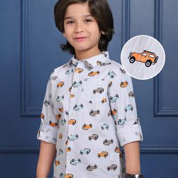 Mark & Mia Cotton Knit Full Sleeves Shirt With Vehicle Print & Pocket Detailing - Orange White & Light Blue-image-59