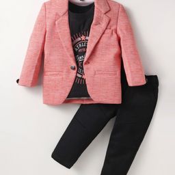 Dapper Dudes Full Sleeves Textured Blazer With Typography Printed Tee & Pant Set - Pink-image-40