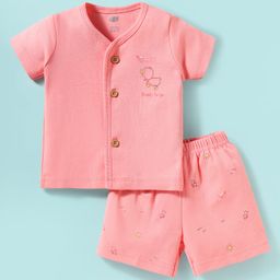 Zero Sinker Knit Half Sleeves Shorts Night Suit With Bird Print - Baby Pink-image-25