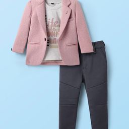 Dapper Dudes Full SleevesBlazer With Typographic Printed Tee & Pant Set- Pink-image-83