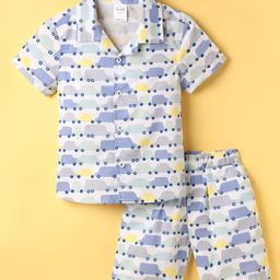Simply Premium Poplin Woven Half Sleeves Co-Ord Shorts Night Suit with Car Print - Multicolor-image-93