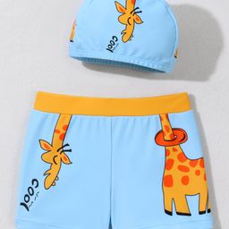 Babyhug Swimming Trunk With Giraffe Print & Cap - Light Blue-image-91