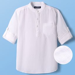 Pine Kids Linen Woven Full Sleeves Solid Color Mandarin Collar Kurta Style Shirt - White-image-63