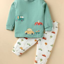 Pink Rabbit Interlock Knit Full Sleeves Night Suit With Vehicle Print - Mint Green-picture-13