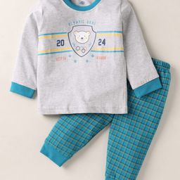 Zero Sinker Knit Full Sleeves Night Suit with Checks & Sports Print - Grey & Turquoise-image-82