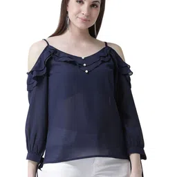 KASSUALLY Women Cold-Shoulder Sleeves Georgette A-Line Top With Ruffles Detail-image-69