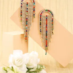 StyleCast Gold-Plated Rhinestone Studded Tasselled Semi Circular Shaped Drop Earrings-picture-36