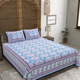 CLOTHOLOGY Blue & Pink Floral Printed 180TC Pure Cotton King Bedsheet Set 2.75 m x 2.25 m-image-77