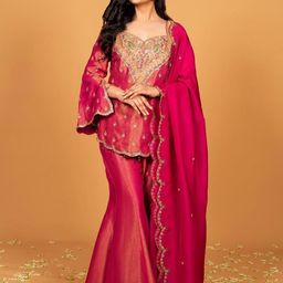 GRIVA ENTERPRISE Women Floral Embroidered Sequinned Kurta with Sharara & Dupatta-image-85