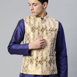MANQ Men Woven Design Jaquard Silk Nehru Jacket-17