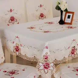 TANLOOMS Cream-Coloured Floral 8-Seater Table Cover with Embroidered details-image-50
