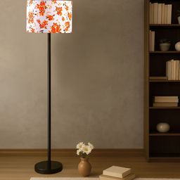Devansh White & Orange Printed Wooden & Cotton Cylinder Floor Lamp-picture-35