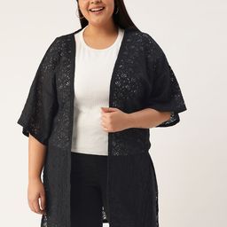 Rute Plus Size Women Black Self Design Longline Open Front Shrug-6