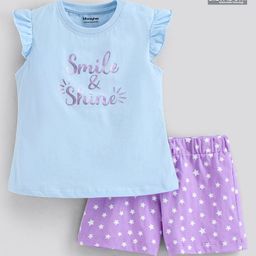 Honeyhap Premium Anti-MicrobialFinish Short Flutter Sleeves Top & Shorts Set Smile & Shine Print - Sky Blue Light Purple-image-52