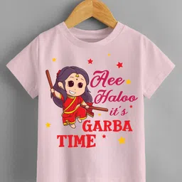 KNITROOT Navratri Theme Half Sleeves Garba Time Text Printed Tee - Pink-picture-35