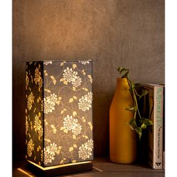 Green Girgit Lamp with Wooden Base Golden Leaves Print-4