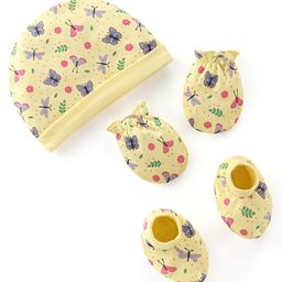 Babyhug 100% Cotton Cap Mittens And Booties Butterfly Print - Yellow-picture-17