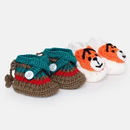 MayRa Knits Pack Of 2 Animal Face & Self Designed Hand Knitted Woollen Booties - White & Grey-picture-26
