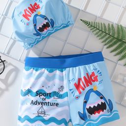 Kookie Kids Swimming Trunk with Cap Shark & Text Print - Blue-image-46