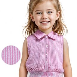 Babyhug Woven Sucker Sleeveless  Striped Front Open   Top with Smocking Detailing - Pink-image-10