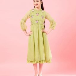 Pspeaches Three Fourth Sleeves Floral Embroidered Midi Dress - Yellow-image-67