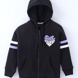 Doreme Terry Knit Full Sleeves Front Open Hooded Sweat Jacket With Text Print & Kangaroo Pockets - Black-picture-14