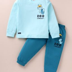 Mini Donuts Cotton Knit Full Sleeves T-Shirt & Lounge Pants Set With Animals Print - Aqua-image-16