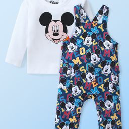 Babyhug Disney Single Jersey Knit Full Sleeves Mickey Mouse Printed Dungaree & T-Shirt - Navy Blue & White-image-41
