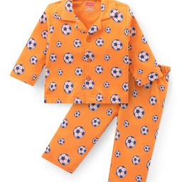 Babyhug Cotton Knit Full Sleeves Night Suit With Footballs Print - Orange-image-56