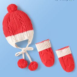 Babyoye Cotton Knit Pom Pom Applique Woollen Cap With Knit & Mittens Red & White - Diameter 14 cm-image-42