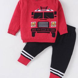 Simply Knitted Full Sleeves Pullover Sweater Set With Bus Design - Red & Black-image-12