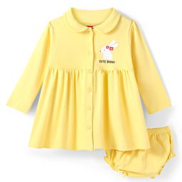 Babyhug Cotton Knit Full Sleeves Solid Peter Pan Collared Frock with Bloomer & Bunny Print - Yellow-image-64