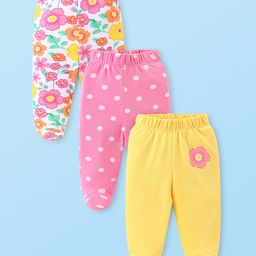 Babyhug Cotton Knit Floral & Polka Dots Printed Footed Leggings - Cream Pink & Yellow-image-76