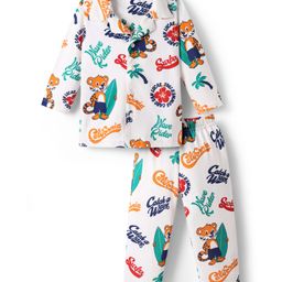 Babyhug Cotton Knit Full Sleeves Front Open Co-ords Night Suit with Beach Theme Print - White-image-60