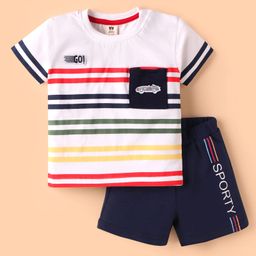 ToffyHouse Cotton Knit Half Sleeves T-Shirt & Shorts Set with Stripes & Sporty Text Print - White & Navy Blue-image-14