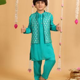 MASTARANG Full Sleeves Soild Kurta With Coordinating Pyjama & Ethnic Foil Printed Jacket Set - Aqua Blue-image-48