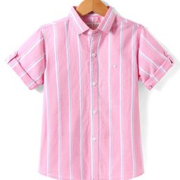 JASH KIDS Cotton Woven Striped Half Sleeves Shirt - Pink-image-1