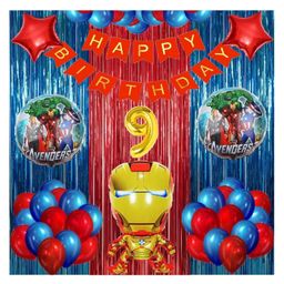Bubble Trouble No 9 Gold Balloons with Iron Man Theme Birthday Decoration Items or Kit Red Paper Banner(Cardstock) Set of 13 Letters with 30 HD Royal Blue & Red Metallic Balloons celebration-image-83