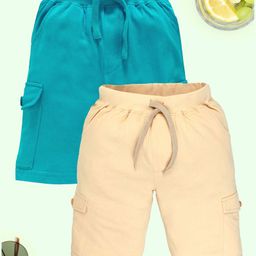 Kiddopanti Cotton Pack Of 2 Solid Cargo Shorts - Aqua Blue & Sand-image-60