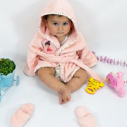 Rangoli Cotton Full Sleeves Cute Girl Patch Detailed Ultra Soft Bath Robe With Attached Belt & Slippers Set - Pink-image-4