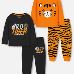 Trampoline Cotton Blend Knit Pack Of 2 Full Sleeves Tiger Printed Coordinating Night Suit Set - Multi Colour-image-98
