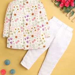Jeet Ethnics Cotton Blend Full Sleeves Floral Embroidered Sherwani & Pant Set - White-image-97